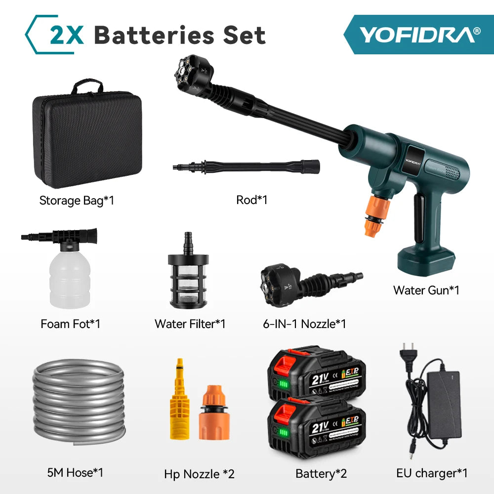 YOFIDRA 200Bar Brushless Electric High Pressure Washer 6-in-1 Car Washing Garden Water Gun For Makita 21V Battery Pin Spray Gun