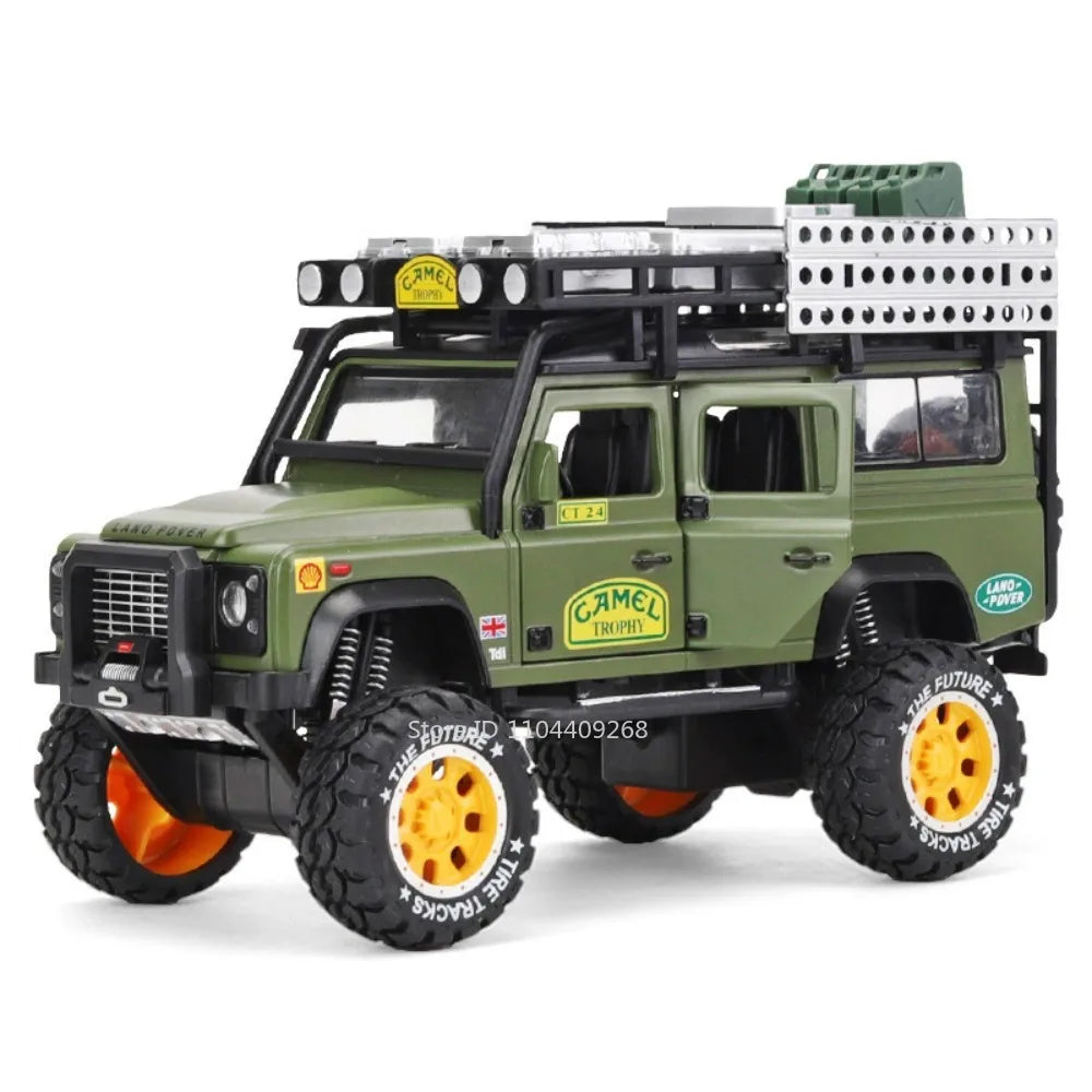 1:28 Scale Unimog U5000 Land Rover Defender Toy Car Model Rubber Tire Alloy Diecast Sound Light Off-Road Vehicle Child Toy