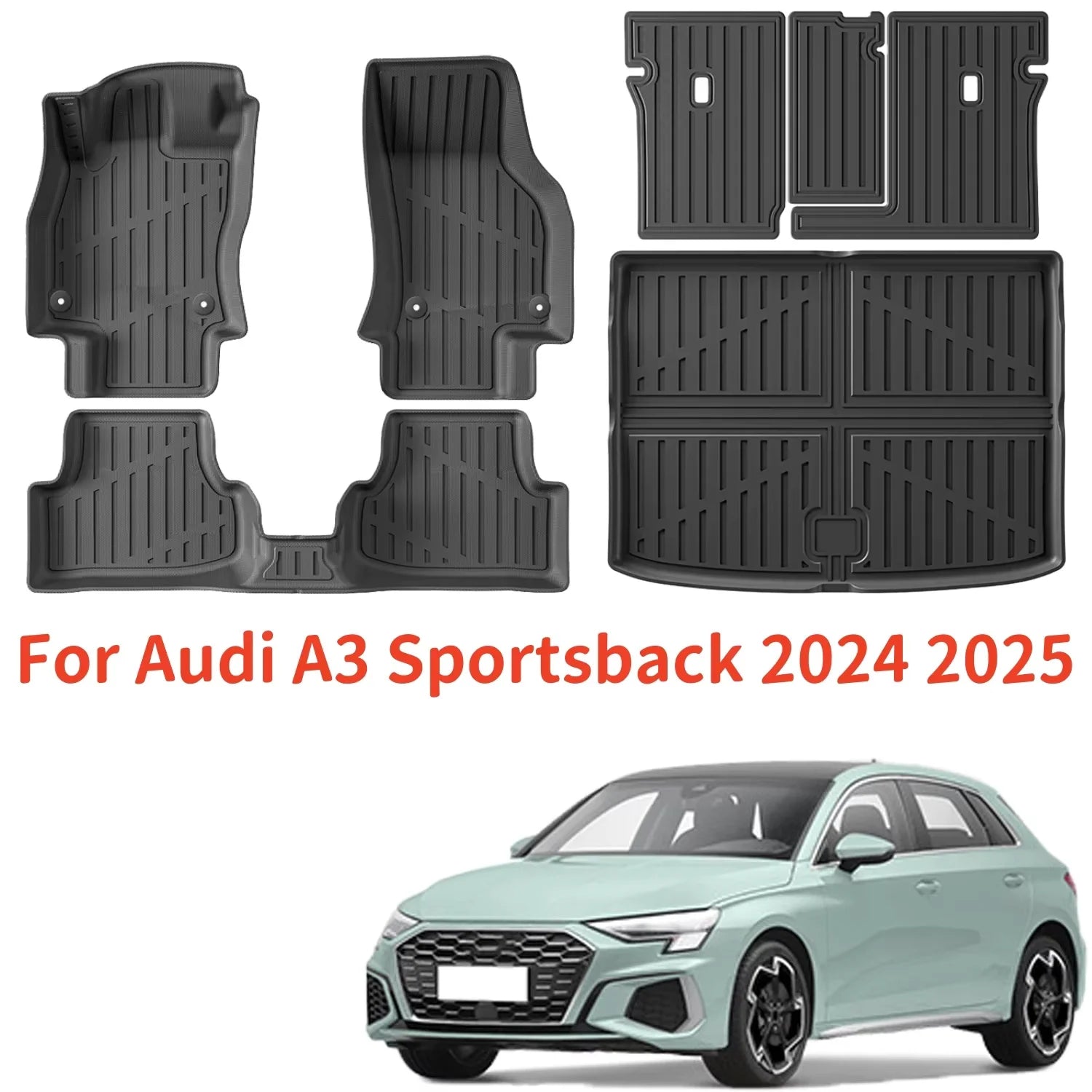 For Audi A3 Sportsback 2024 2025 TPE Floor Mats and Trunk Mats, 3D Waterproof Anti-Slip Backrest Mats (Not for Limousine Models)