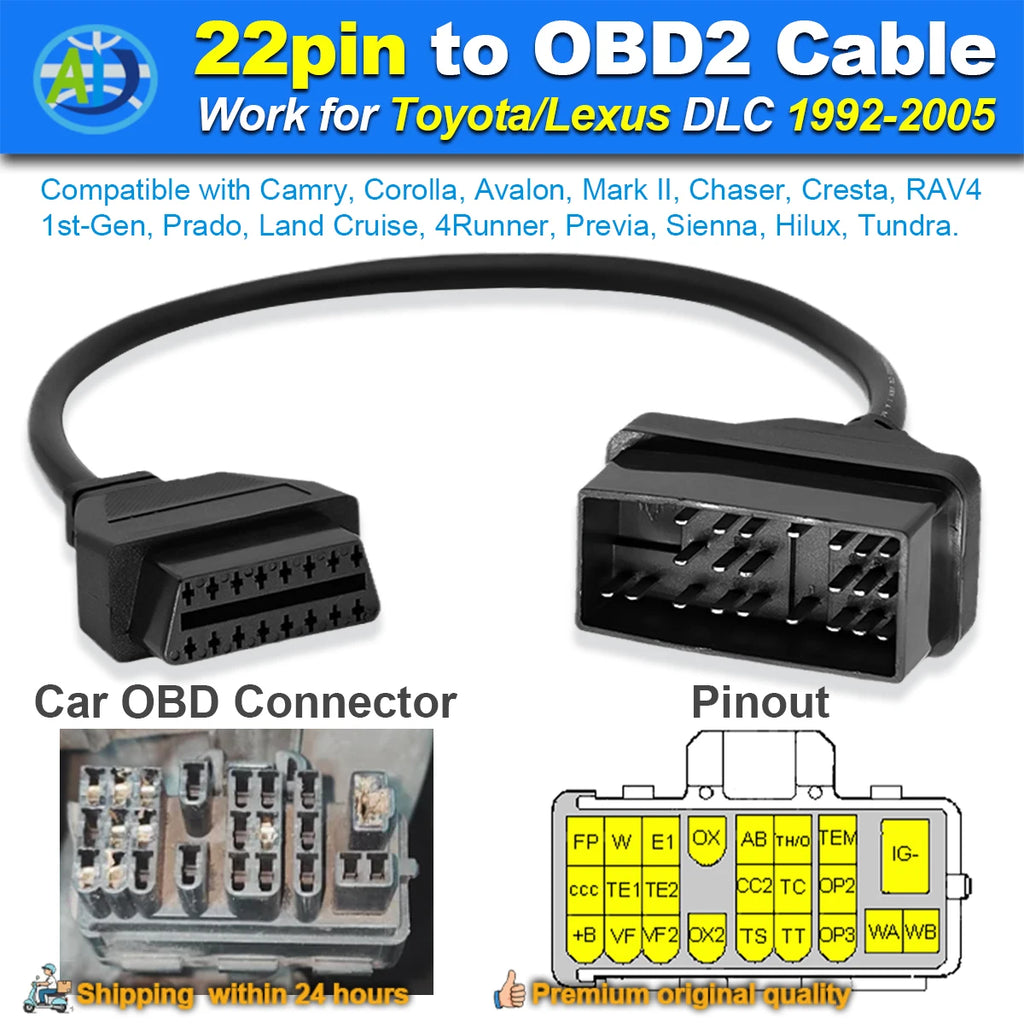 22Pin إلى OBD2 لموصل تشخيص تويوتا DLC محول OBD إلى OBD2 لسيارات لاند كروزر/كارينا/كامري/كراون تشخيص K-Line ذو 22 سنًا