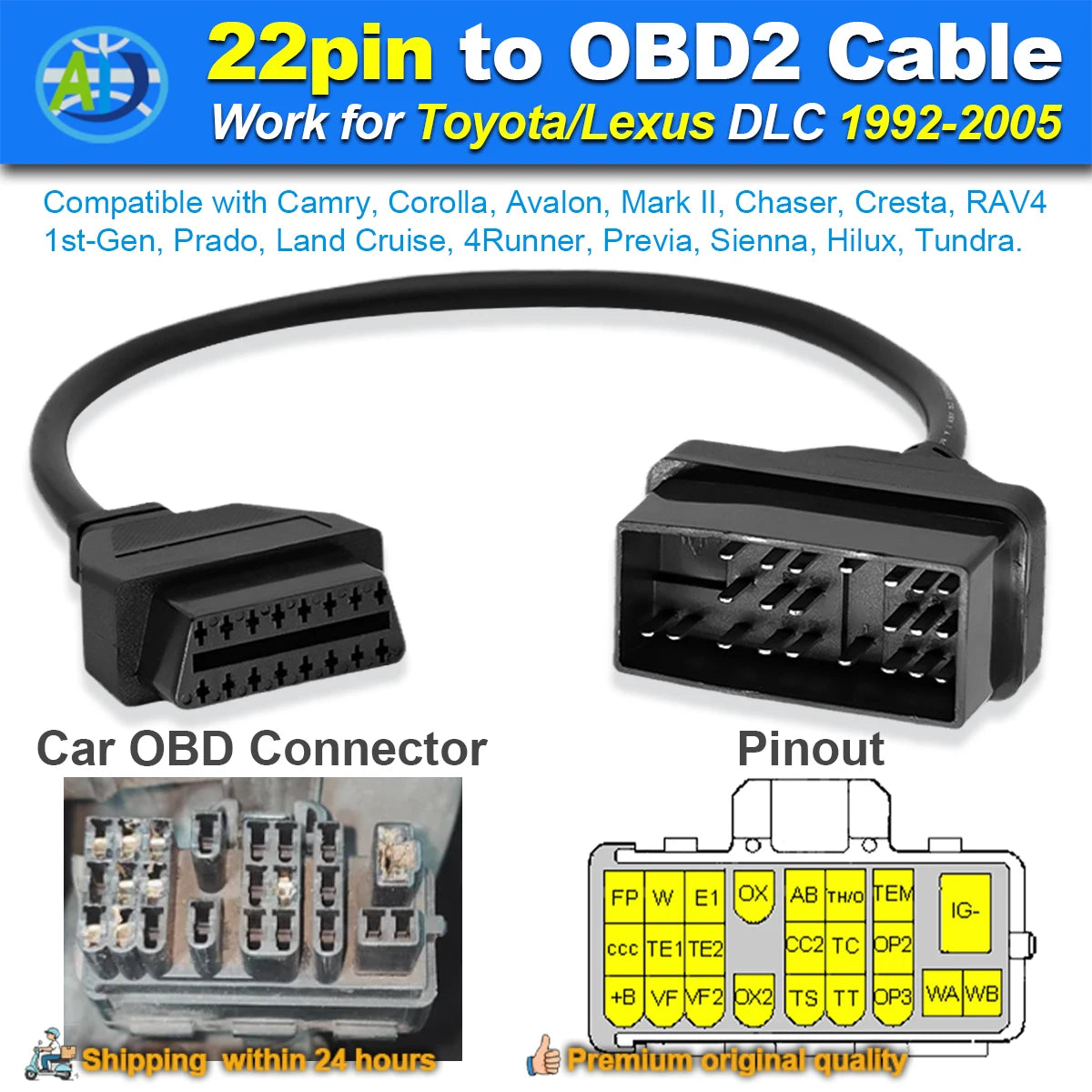 22Pin إلى OBD2 لموصل تشخيص تويوتا DLC محول OBD إلى OBD2 لسيارات لاند كروزر/كارينا/كامري/كراون تشخيص K-Line ذو 22 سنًا