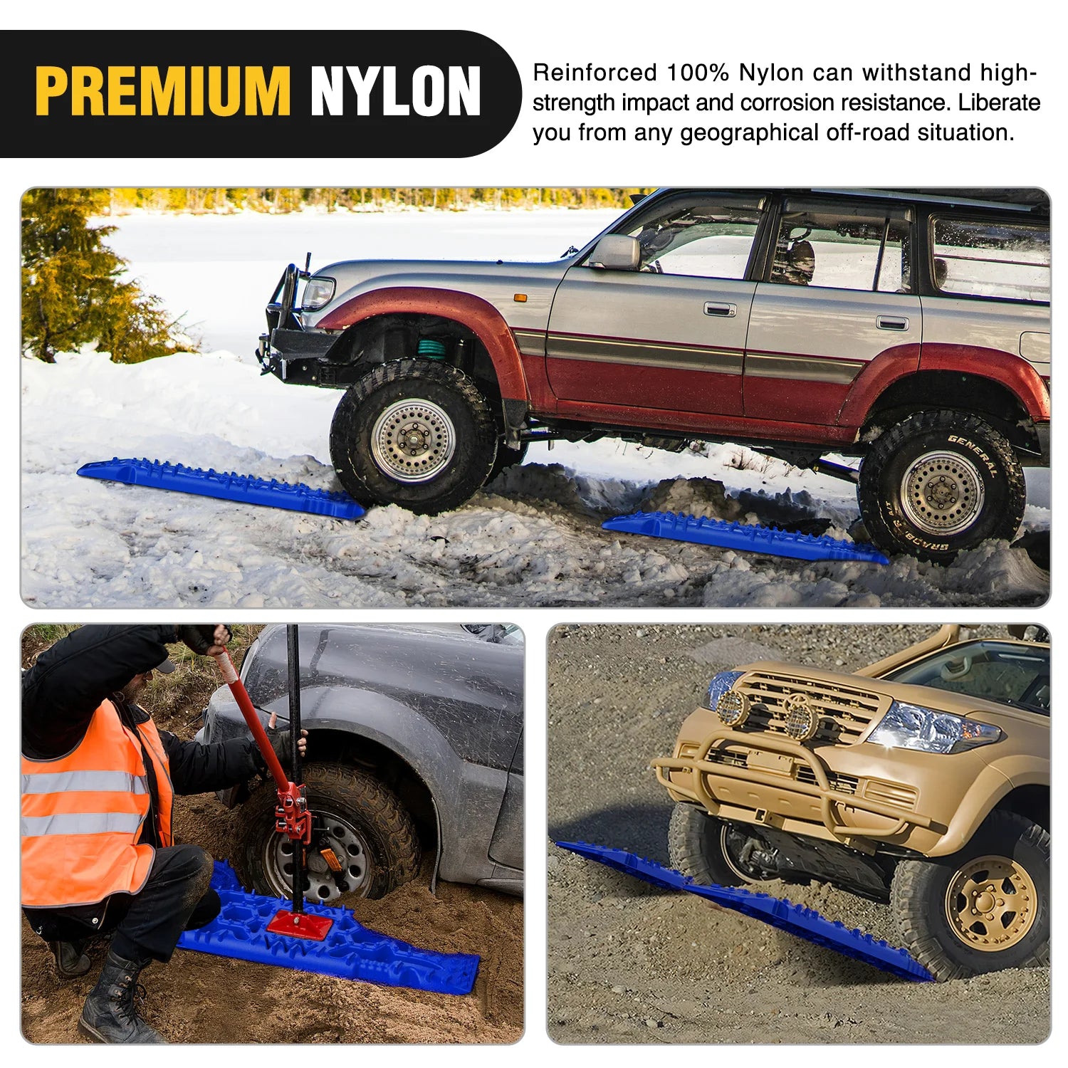 Nilight Recovery Off-road Traction Boards with Jack Lift Base Emergency Tire Ladder Mats For 4WD 4X4 Mud Sand Snow with 2PCS Mounting kit Carry Bag 2 leashes (Blue/black)