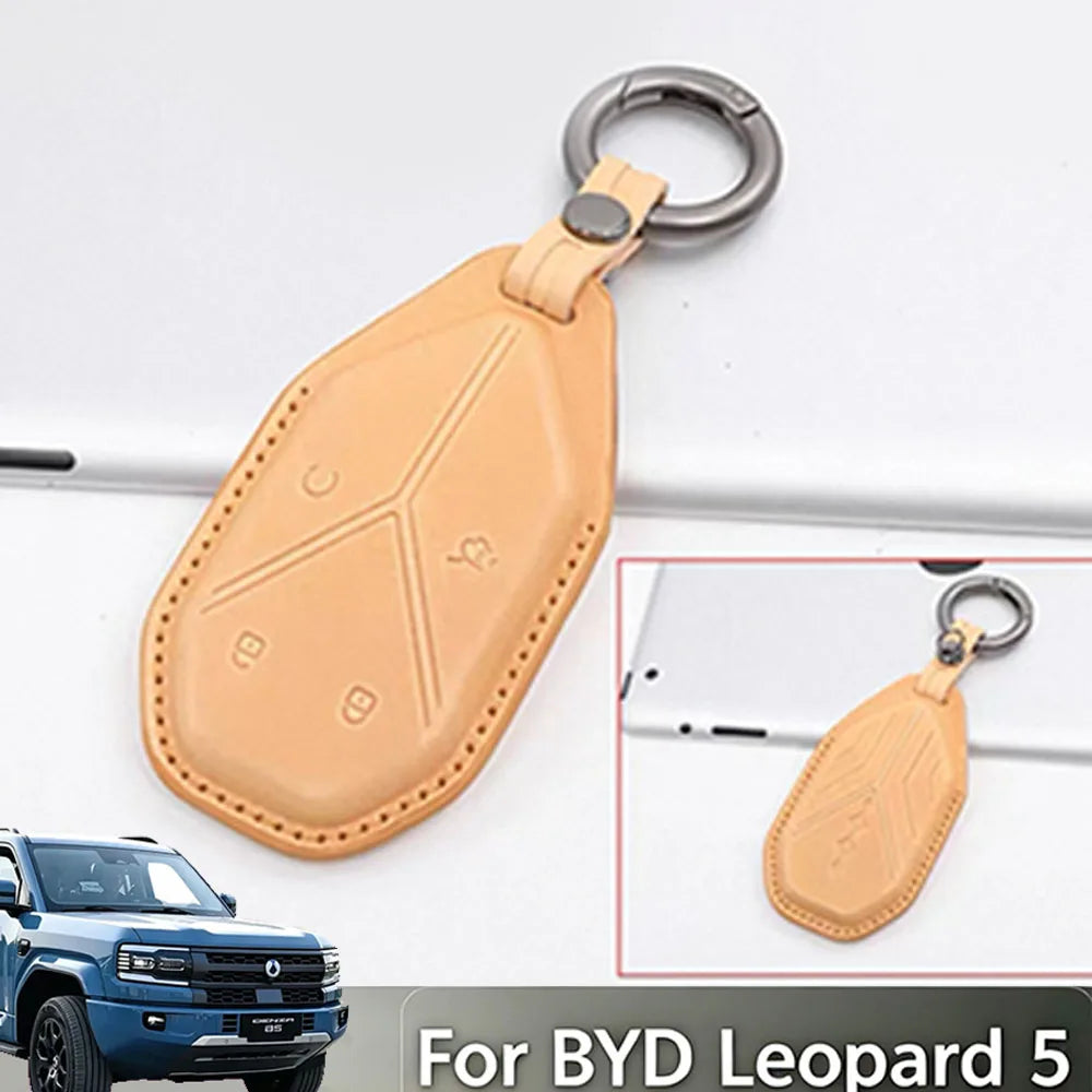 For BYD Leopard 5 & 8  Denza B5 2023-2026 Genuine Leather & Suede Smart Key Fob Case Cover Keychain Protection Accessories