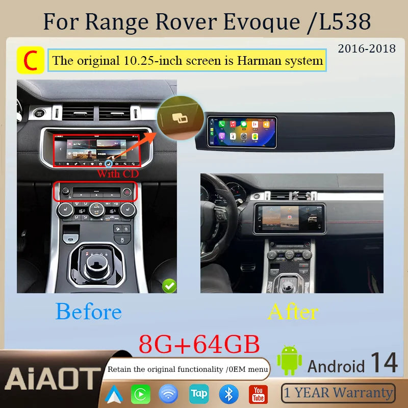 12.3inch Android14  For2012-2018 Range Rover Evoque L538 Multimedia Player Car GPS Radio Wireless Carplay Auto Original OEM Menu