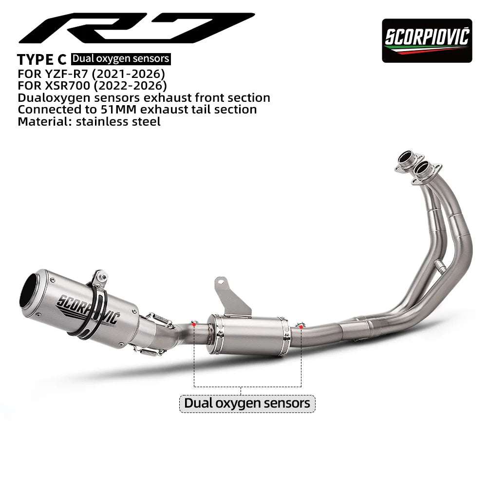 For YZF-R7 XSR700 MT-07 Motorcycle Exhaust Full System Front Pipe With Dual O2 Sensor And Slip-On Tail Muffler Moto Parts