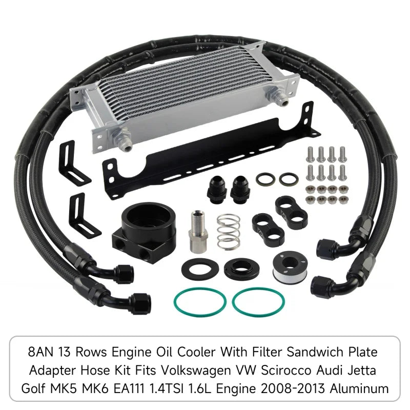 Aluminum 8AN 13 Rows Oil Cooler  Kit Fits Volkswagen VW Scirocco Audi Jetta Golf MK5 MK6 EA111 1.4TSI 1.6L Engine 2008-2013