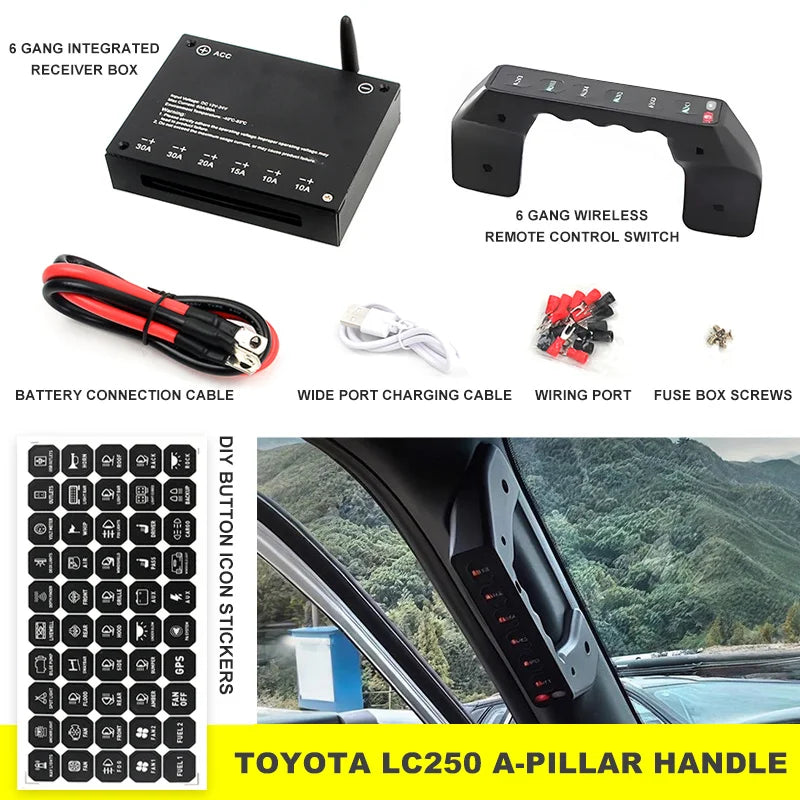 6 Gang A-Pillar Wireless Grab Handle Switch Panel 95A Aluminum for Toyota, HILUX, FJ CRUISER, LAND CRUISER, PRADO, TUNDRA
